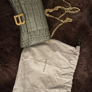 Balenciaga Grey Hourglass Croc-Embossed Bag with Gold Chain